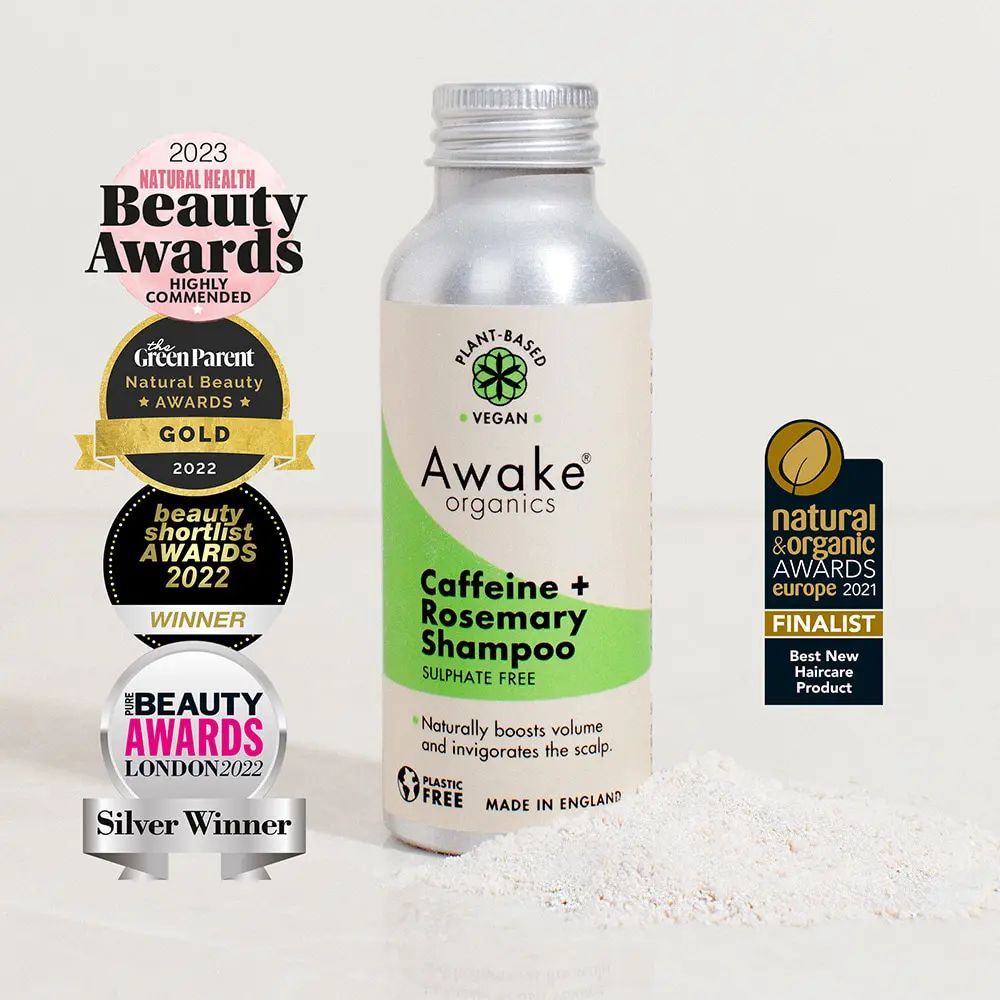 awake shampoo with caffeine and rosemary in plastic free aluminium bottle