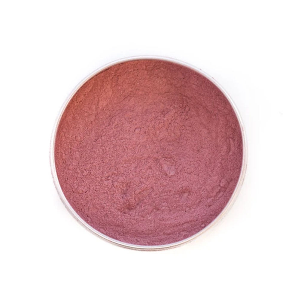 pink blusher powder in reusable and recyclable metal container