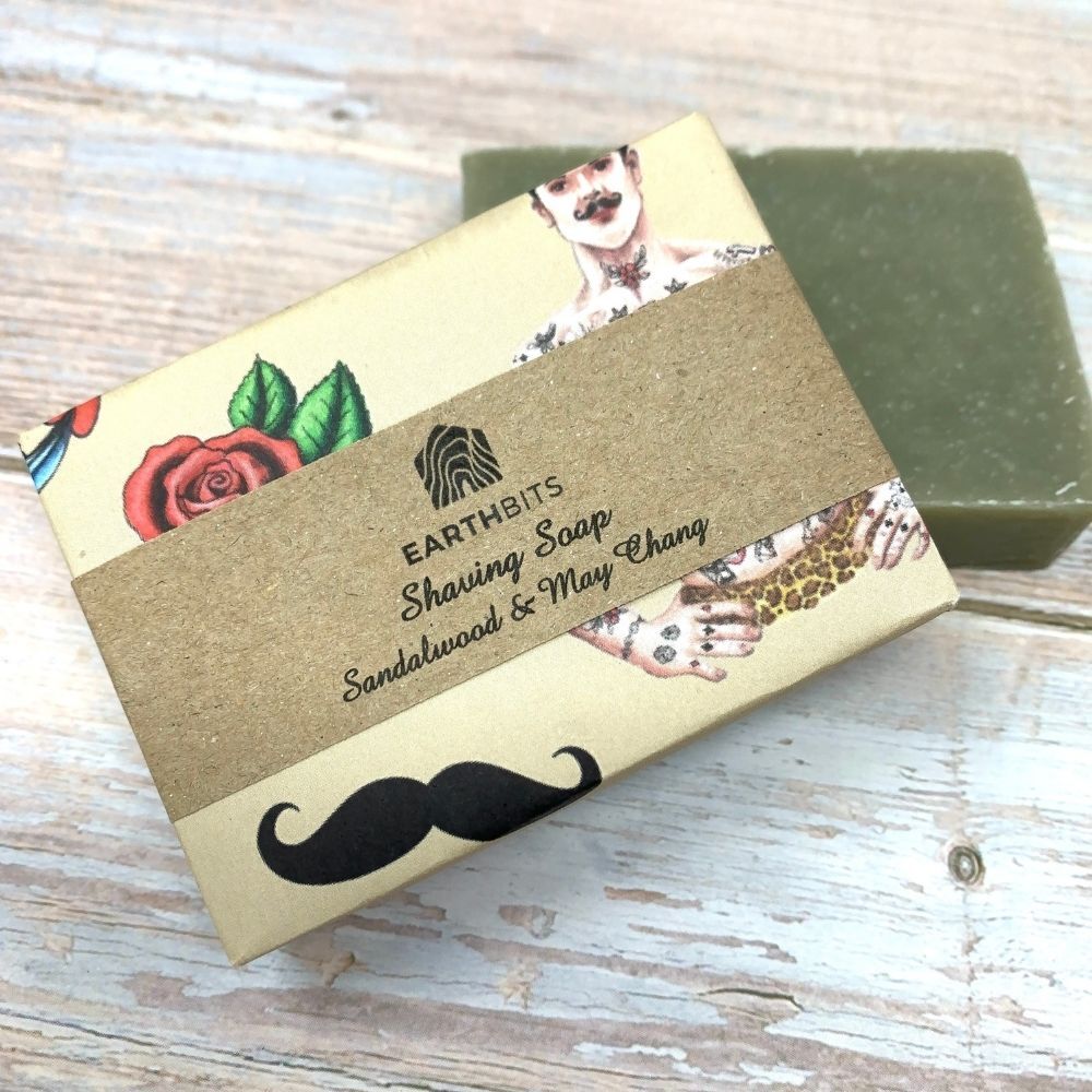 earthbits shaving soap made with sandalwood may change and plastic free packaging