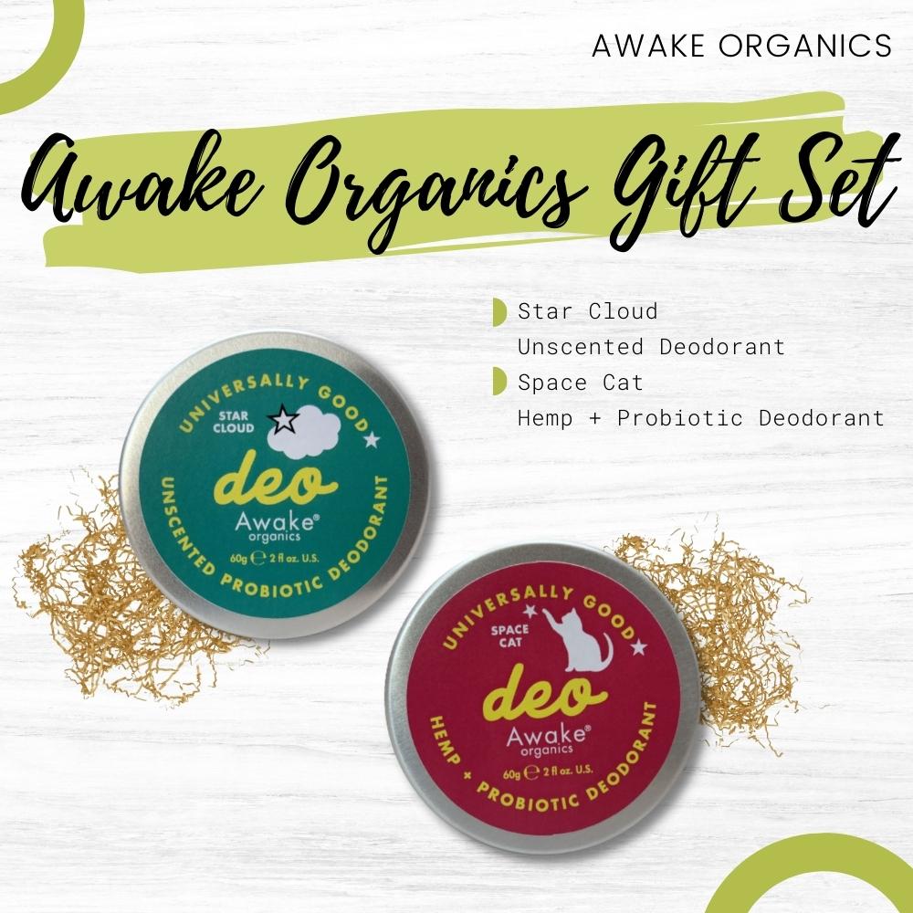 Awake Organic Deodorant Gift Set: Star Cloud (Unscented Deodorant) and Space Cat (Hemp + Probiotic Deodorant)