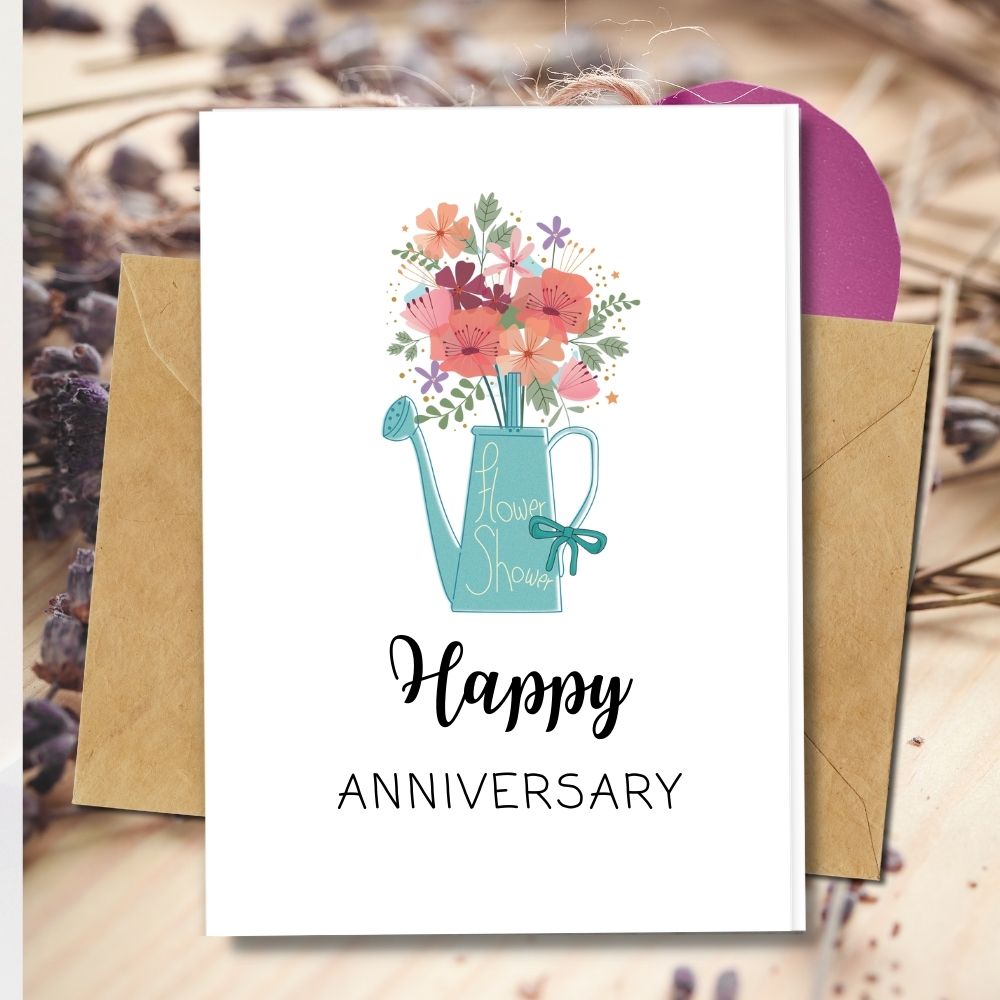 eco friendly handmade anniversary greeting cards, flowers in watering can cute design