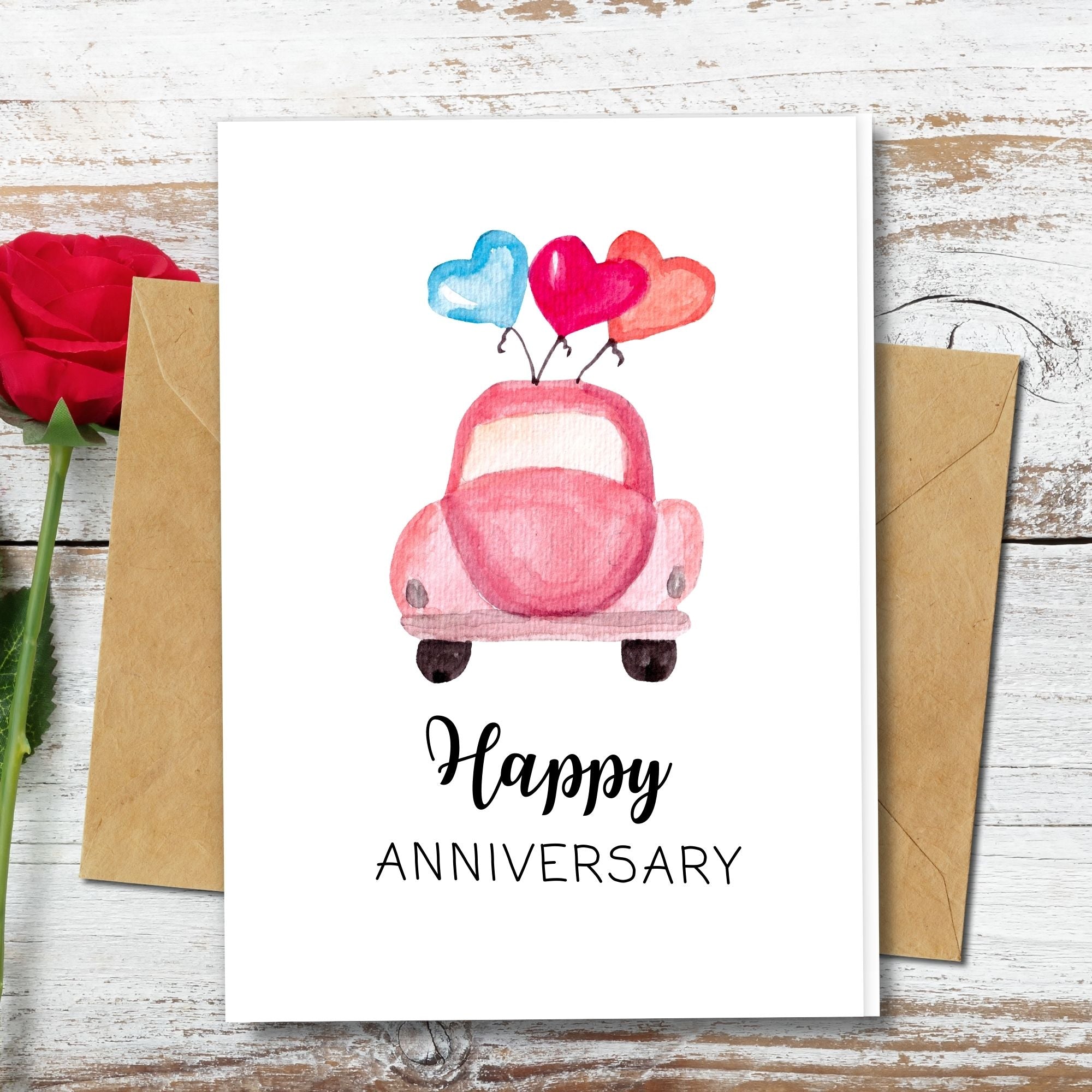 handmade anniversary cards, a pink car and heart shape balloons as a design made of plantable seed paper, recycled paper and more eco friendly paper