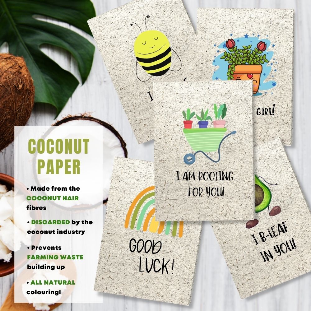 mixed pack of 5 good luck cards made with coconut husk