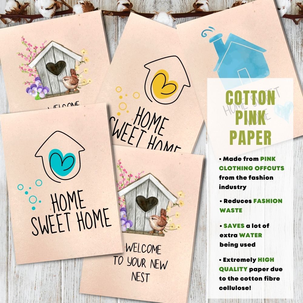 Mixed Pack of 5 New Home Card made with cotton waste pink