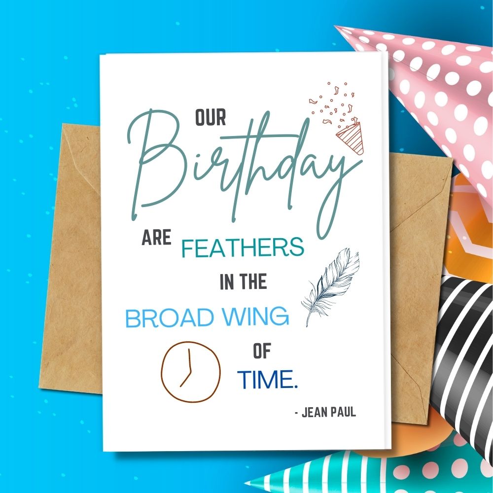 handmade birthday card with a quote of broad wing of time and a cute design of wings and clock.