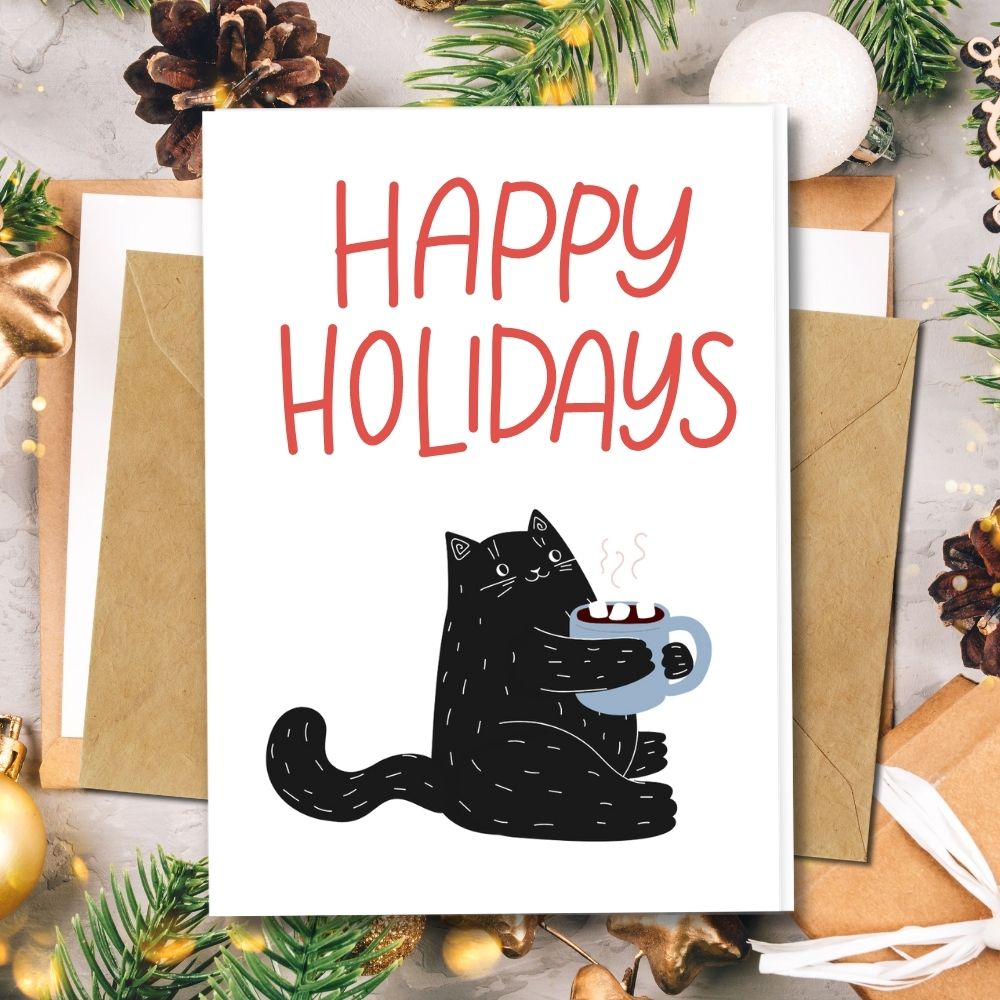 Handmade Christmas Cards, eco friendly black cat with hot choco christmas cards, happy holidays animal design