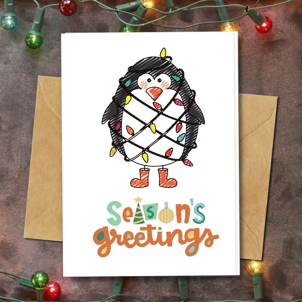 eco friendly handmade christmas seasons greeting cards, penguin with colourful designs
