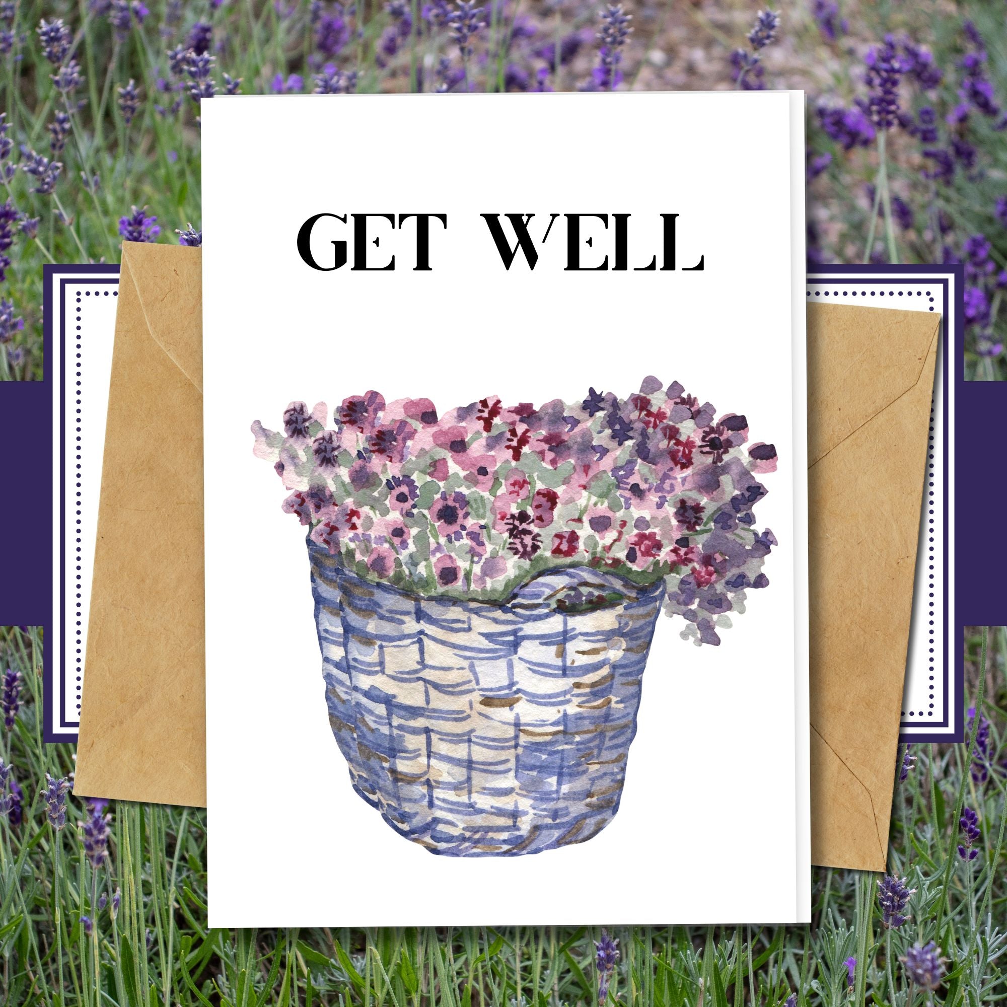 handmade get well card with a flower and blue basket design