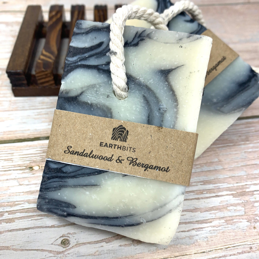organic hand soap on rope with blue and white twirls and white string
