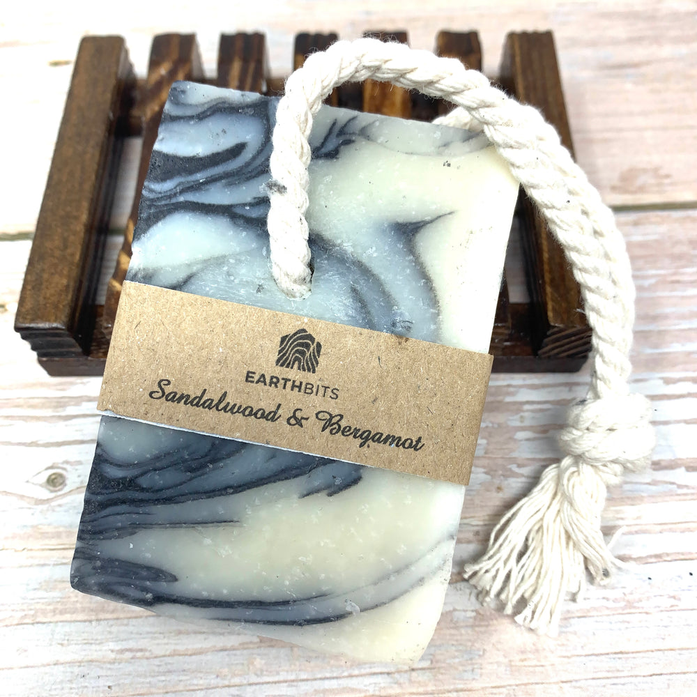 natural handmade soap on a rope sandalwood and bergamot earthbits