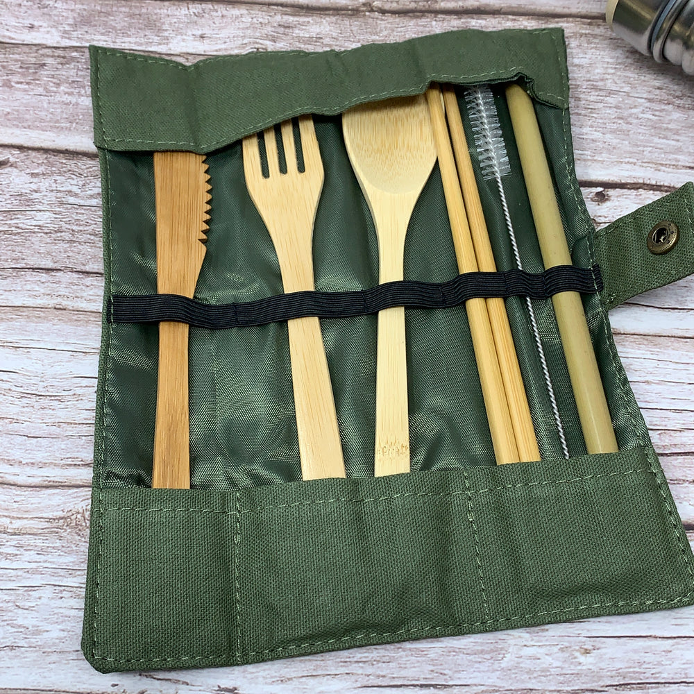 bamboo cutlery green canvas