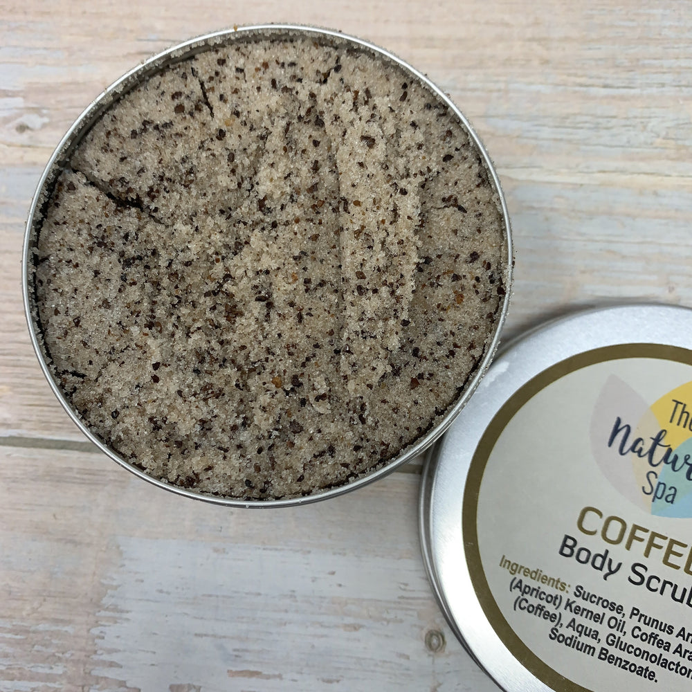 body scrub made with coffee, apricot oil and essential oil in plastic free metal tin