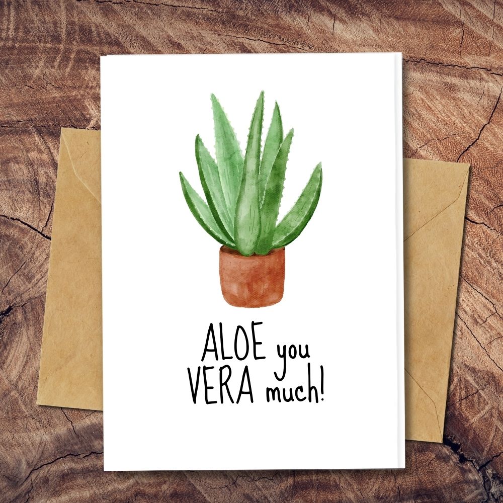 Eco friendly handmade cards, aloe vera plant greeting design, aloe you very much
