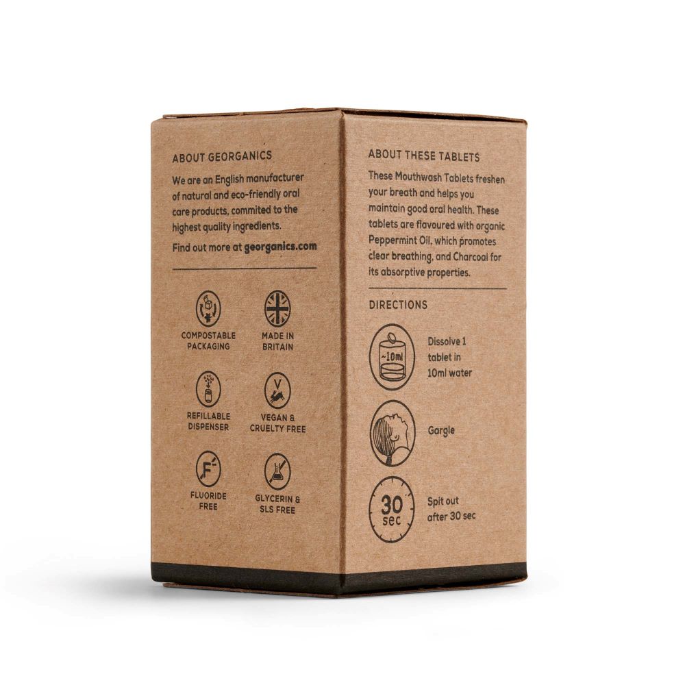 georganics activated charcoal mouthwash tablets in brown recyclable cardboard box