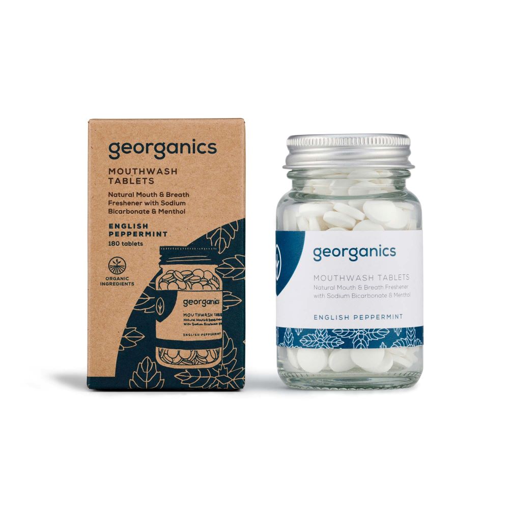 georganics english peppermint ecofriendly mouthwash tablets in reusable glass container