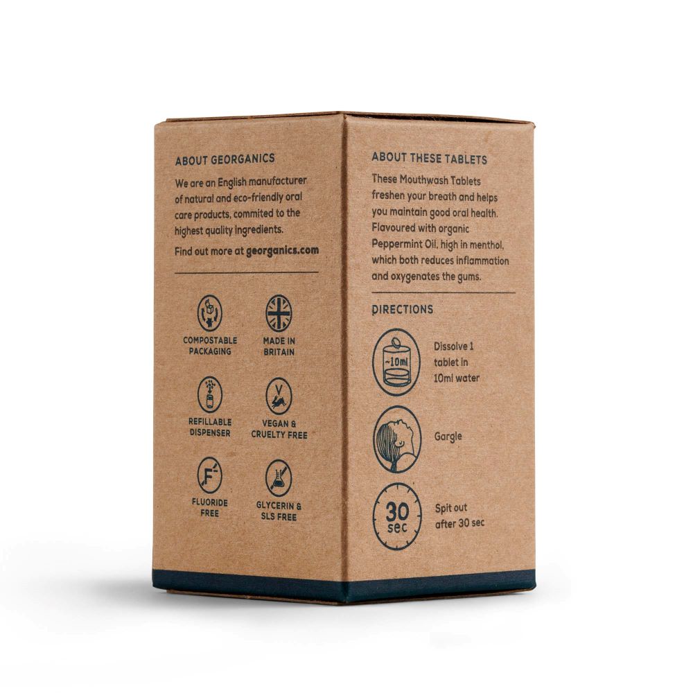 georganics english peppermint mouthwash tablets in brown recyclable cardboard box