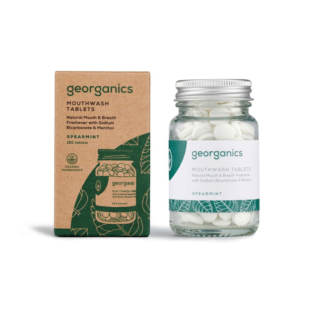 georganics spearmint mouthwash tablets in brown recyclable cardboard box