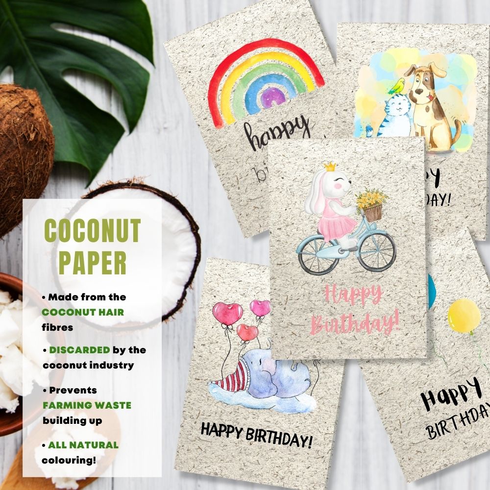 mixed pack of 5 children&#39;s birthday cards made with coconut husk