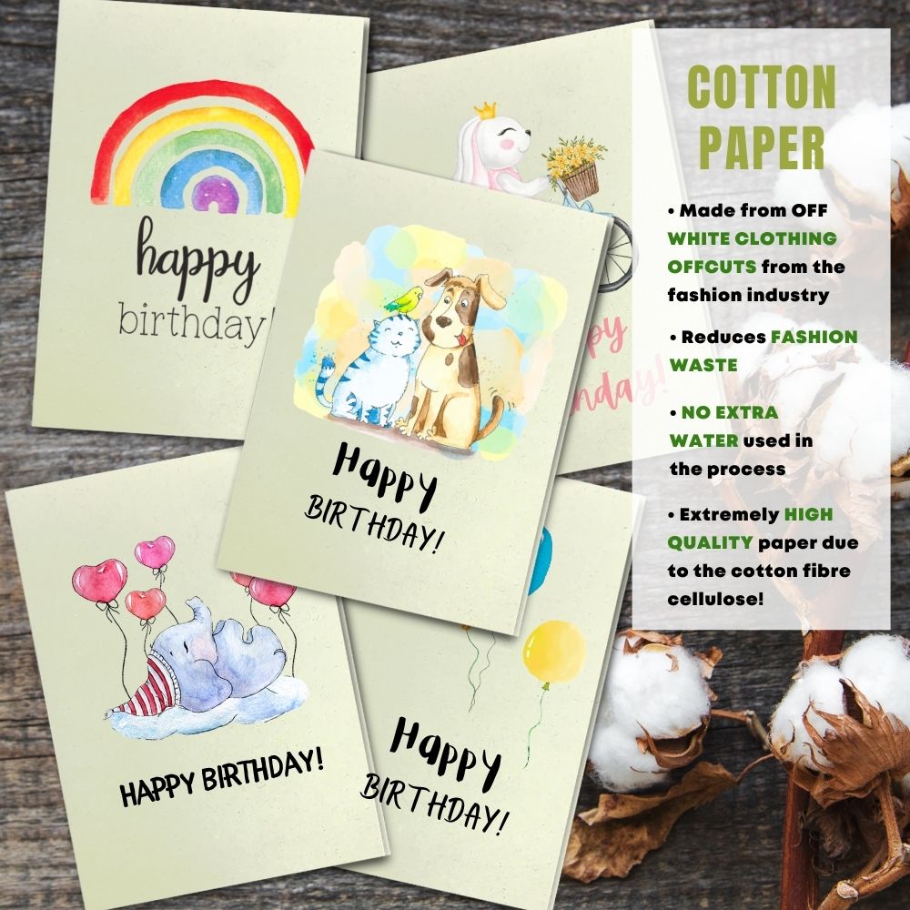mixed pack of 5 children&#39;s birthday cards made with cotton pulp