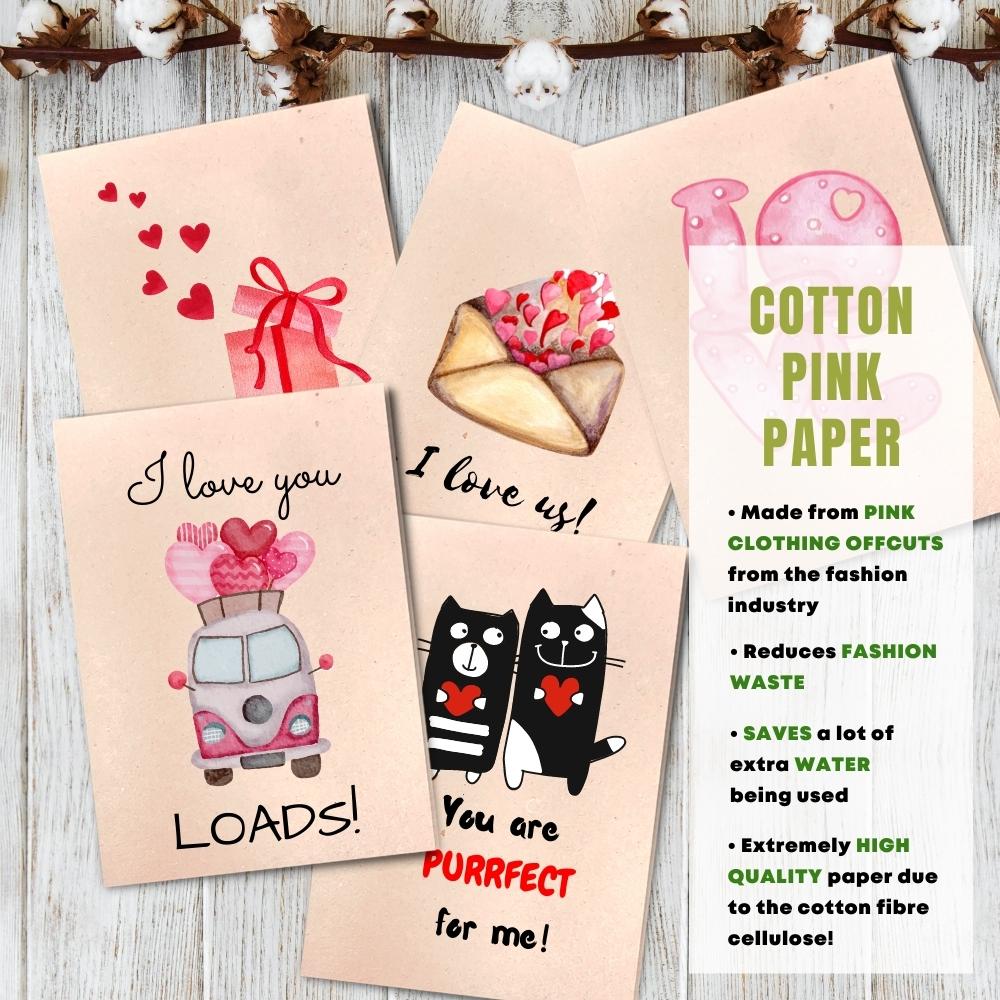mixed pack of 5 love cards made with cotton waste pink