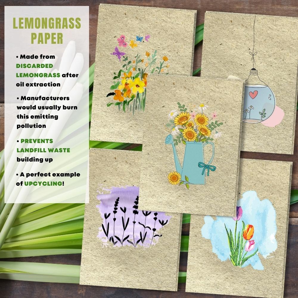 mixed pack of 5 greeting cards made with lemongrass paper