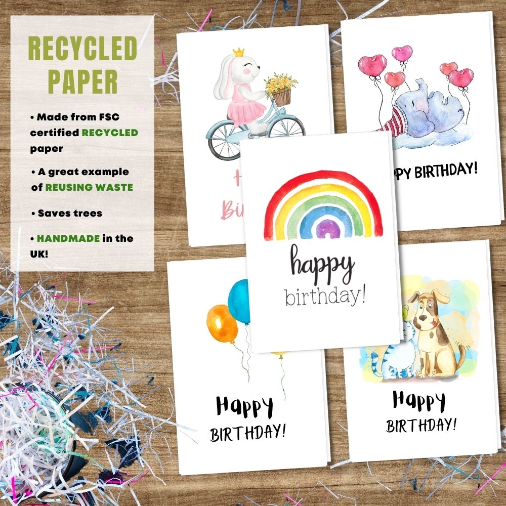 mixed pack of 5 children&#39;s birthday cards made with 100% recycled paper