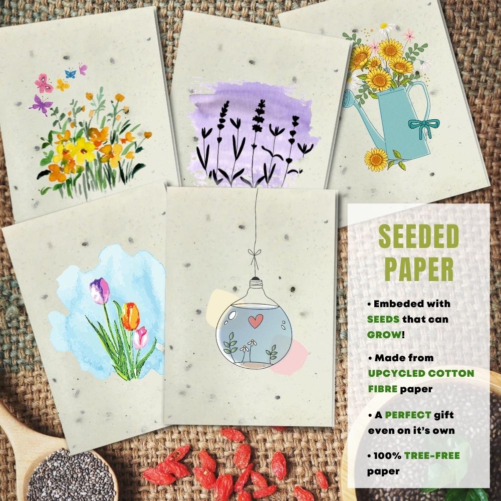 mixed pack of 5 greeting cards made with seeded paper