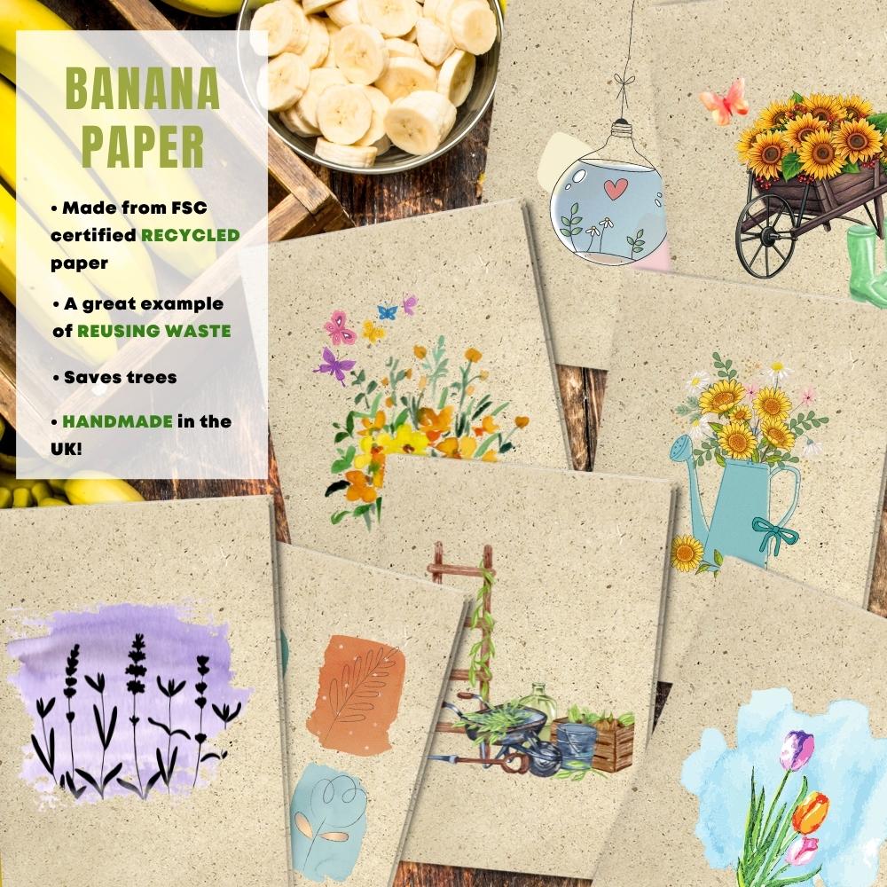 mixed pack of 8 greeting cards made with banana paper