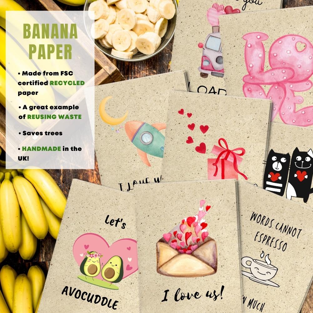 mixed pack of 8 love cards made with banana paper