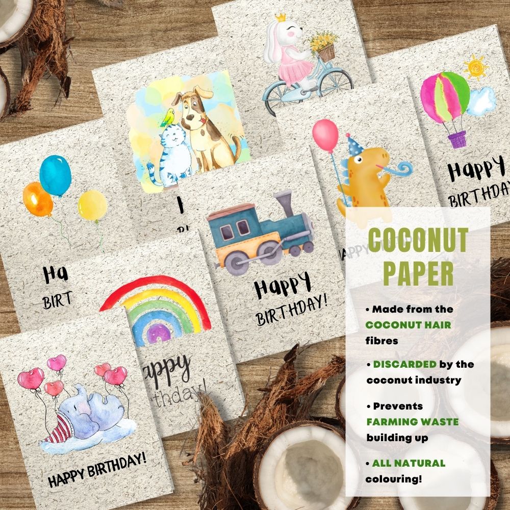 mixed pack of 8 children&#39;s birthday cards made with coconut husk