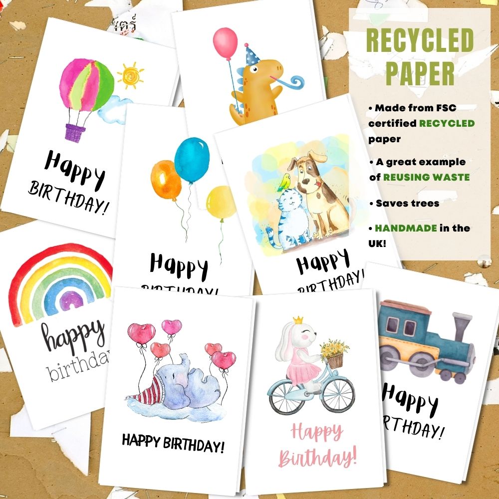 mixed pack of 8 children&#39;s birthday cards made with 100% recycled paper