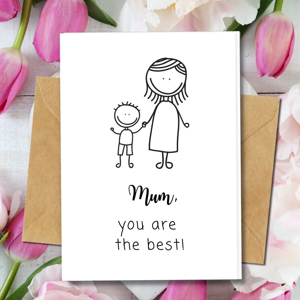 handmade mother&#39;s day cards, black and white kid and mum designs, eco friendly
