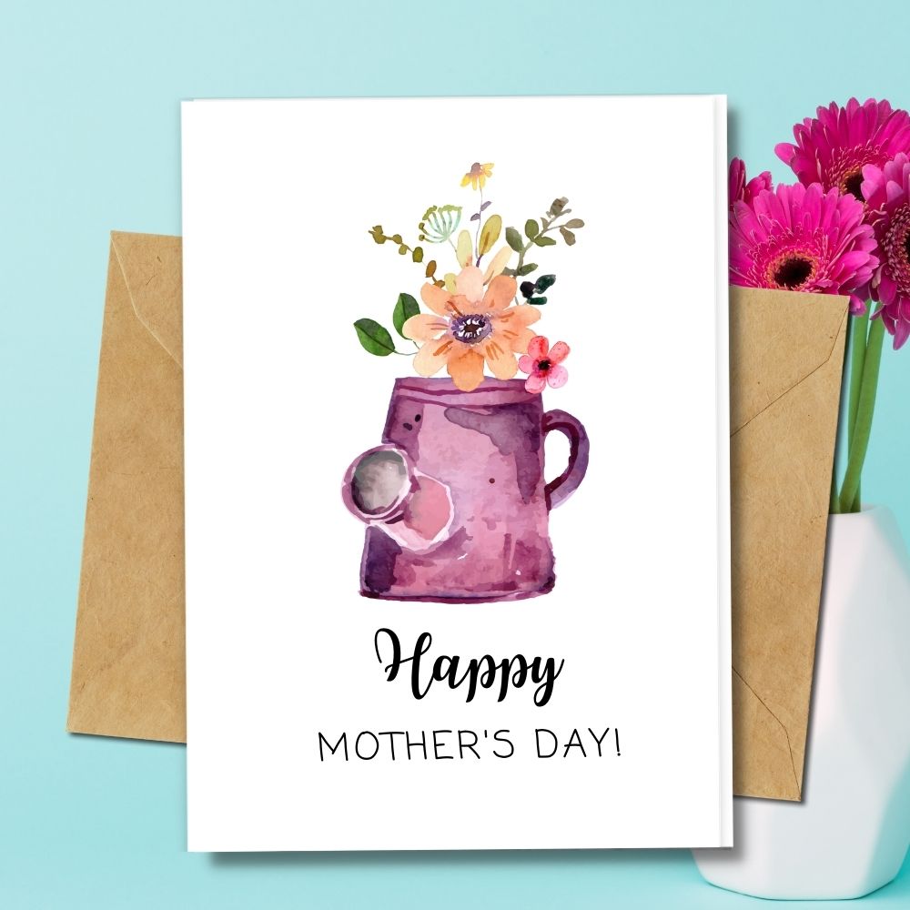handmade happy mother's day cards that are handmade with different types of eco friendly papers with a design of pink watering can and flowers