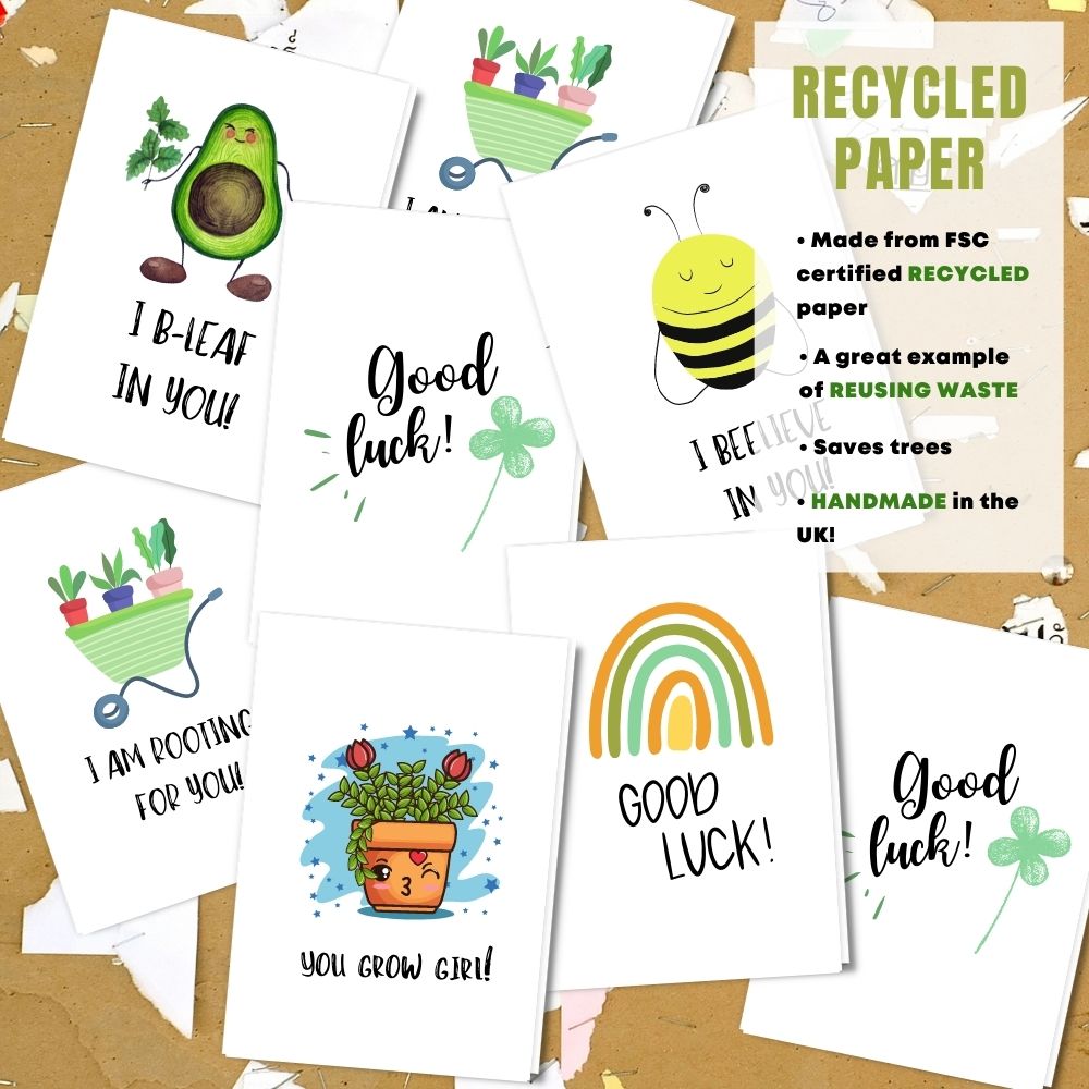 mixed pack of 8 good luck cards made with 100% recycled paper