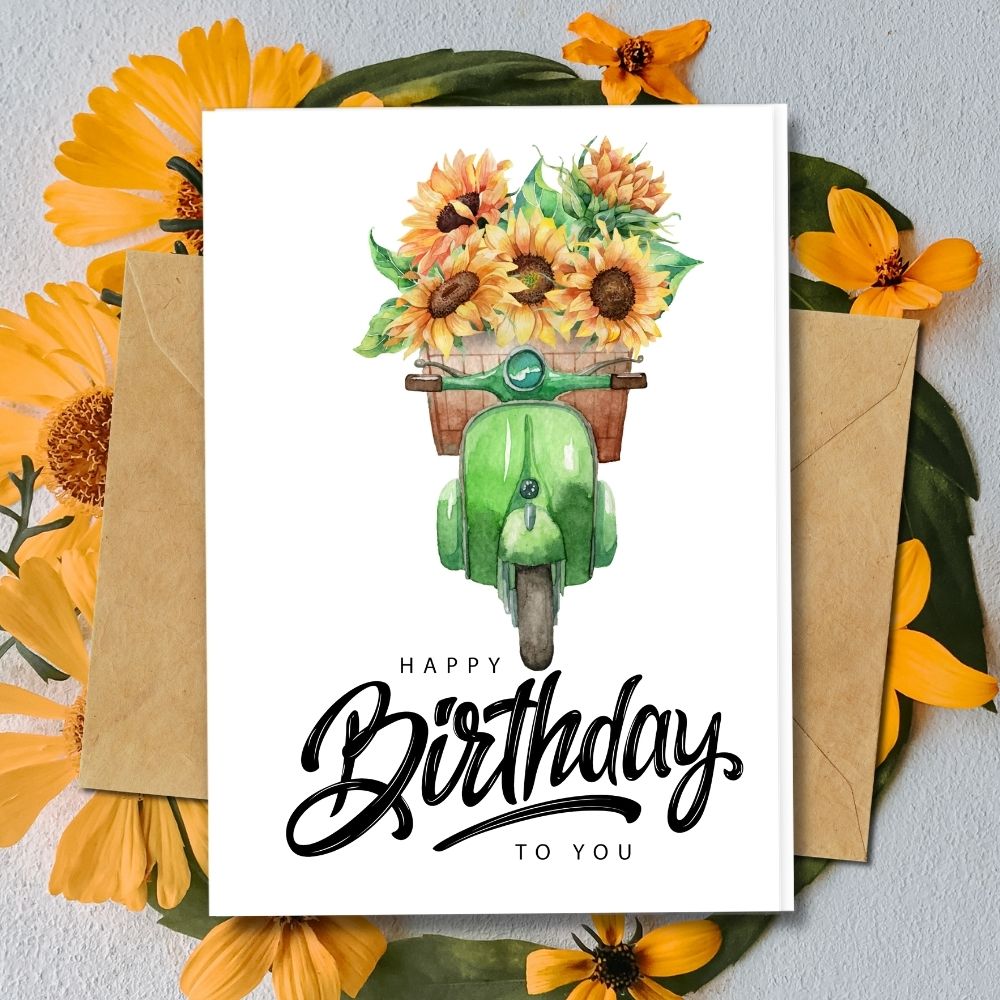 Handmade Birthday Cards with a beautiful sunflower in scooter design made of different types of paper such as seeded paper, cotton paper, etc