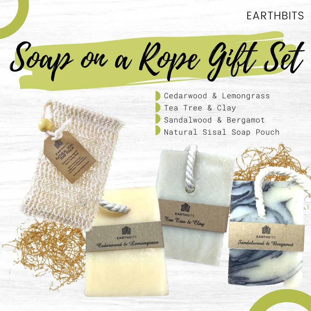 handmade soap on a rope, eco gift set, eco friendly soap and natural sisal soap pouch