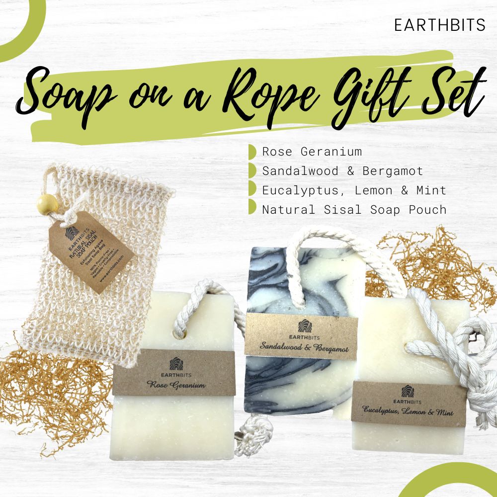 handmade soap on a rope bundle giftset, rose geranium, sandalwood &amp; bergamot, eucalyptus, lemon &amp; mint, natural sisal soap pouch