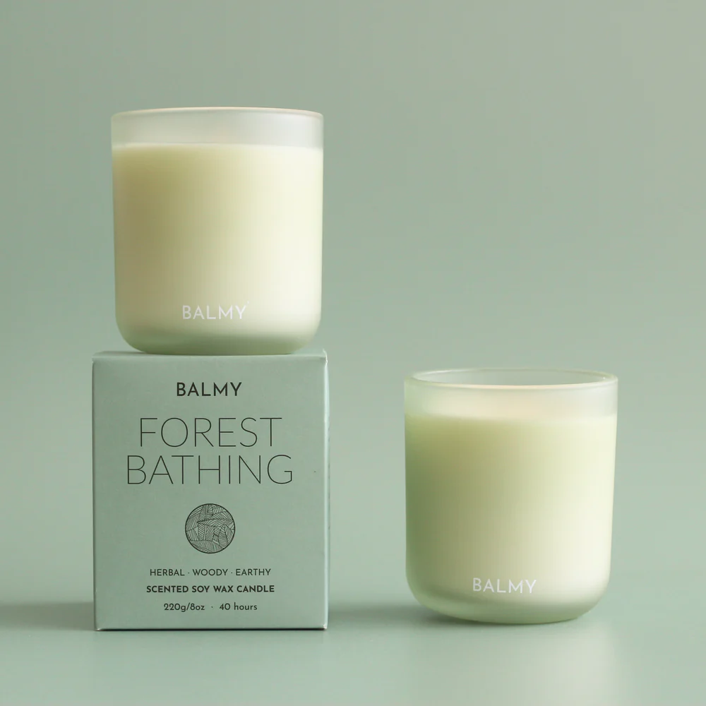 scented candle forest bathing herbal, woody and earthy