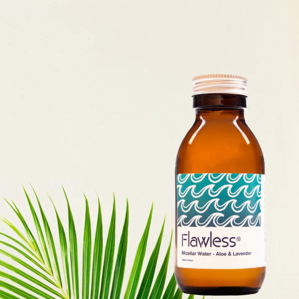 vegan micellar water made with aloe vera and lavender by flawless in glass bottle