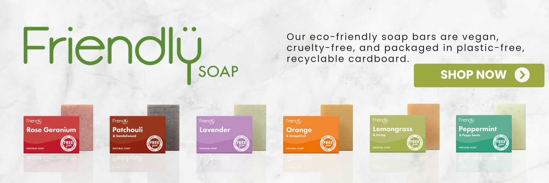 Discover eco-conscious cleansing with our friendly soap bars. Vegan, cruelty-free, and packaged in environmentally-friendly, recyclable cardboard.