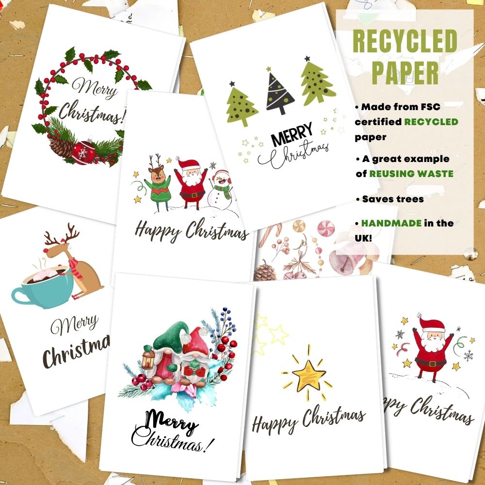 mixed pack of 8 greeting cards made with 100% recycled paper