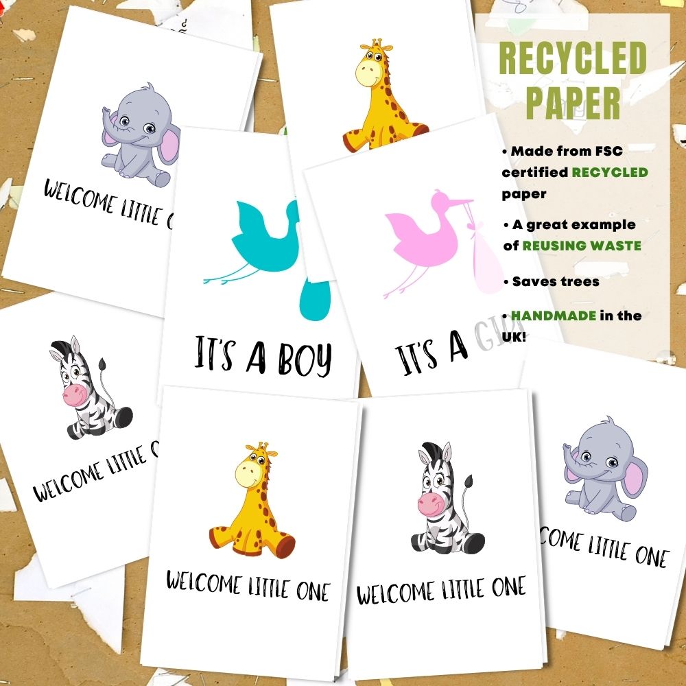 Mixed Pack of 8 New Baby Card made with 100% recycled paper