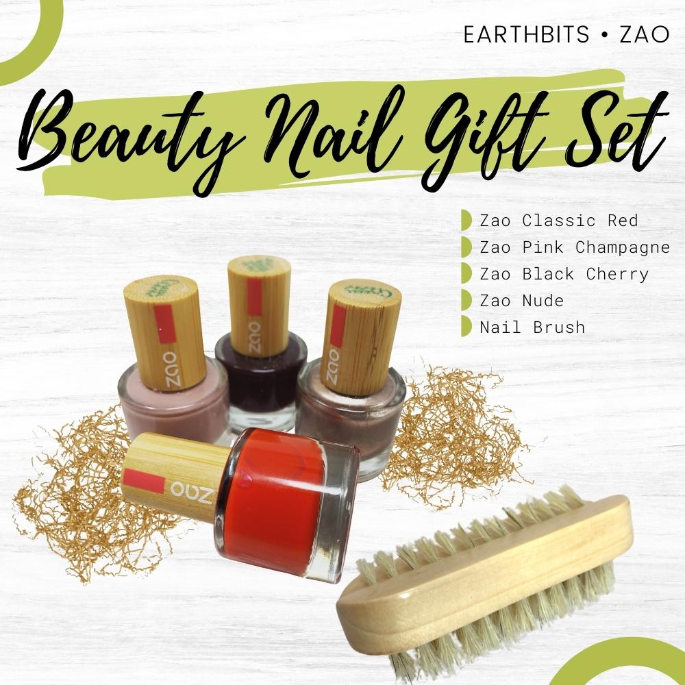 Zao Nail Polish Full Set: Classic Red, Pink Champagne, Black Cherry and Nude with Nail Bamboo Brush