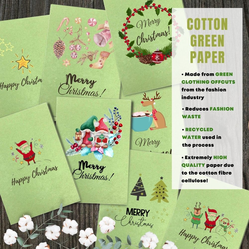 mixed pack of 8 greeting cards made with cotton waste green