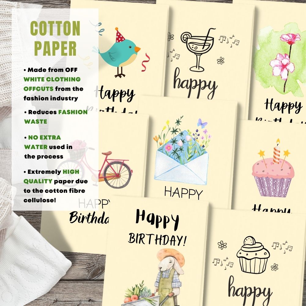 mixed pack of 8 birthday cards made with cotton pulp