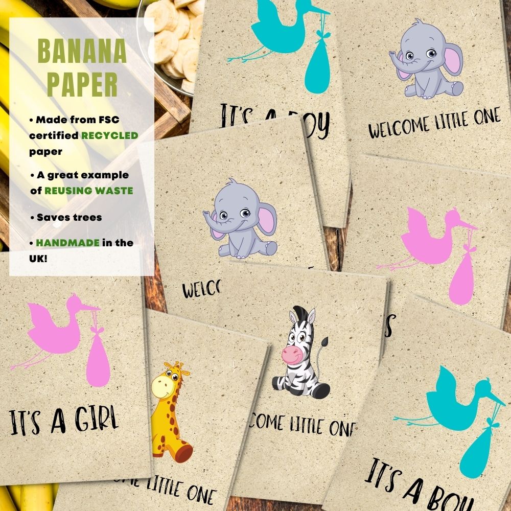 Mixed Pack of 8 New Baby Card made with banana paper