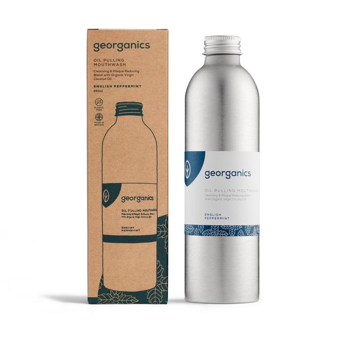 georganics oil pulling mouthwash in aluminium bottle and brown box