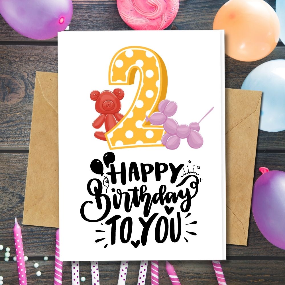 handmade 2nd birthday card with cute balloon style made of eco friendly papers