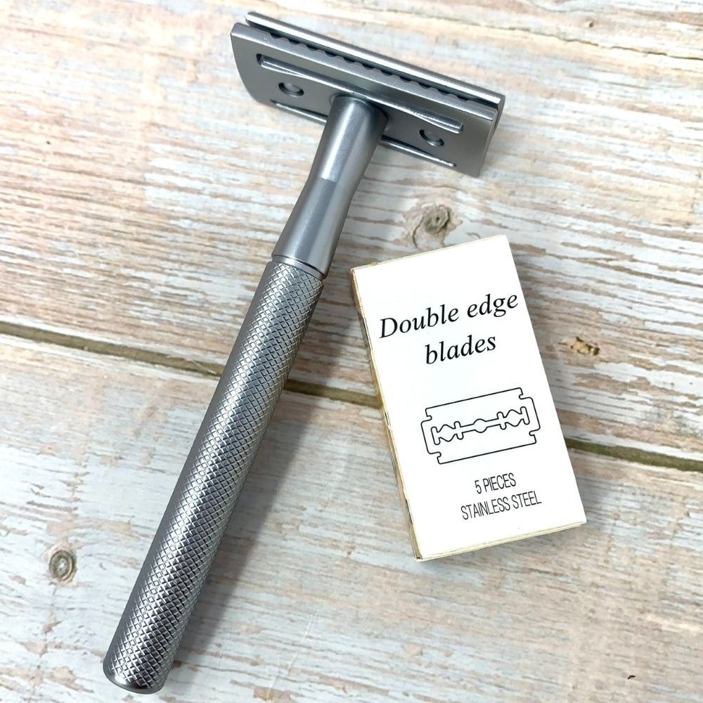 reusable stainless steel double edge razor with pack of 5 stainless steel blades
