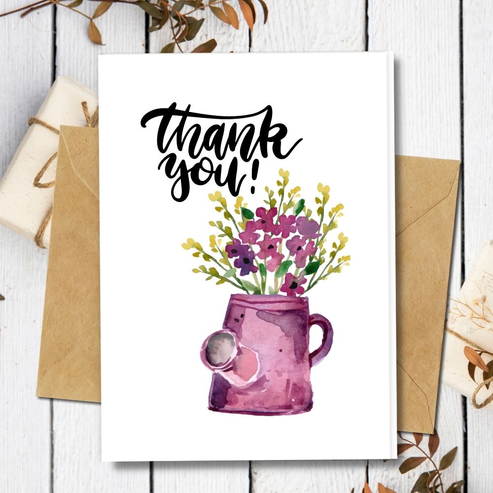 thank you card, eco friendly handmade card, purple watering can design.